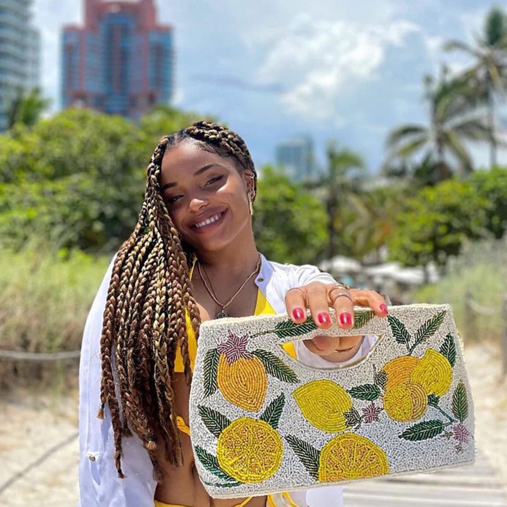 Beaded Lemon Motif Handheld Clutch - Yellow/Green - Picture 2 of 10